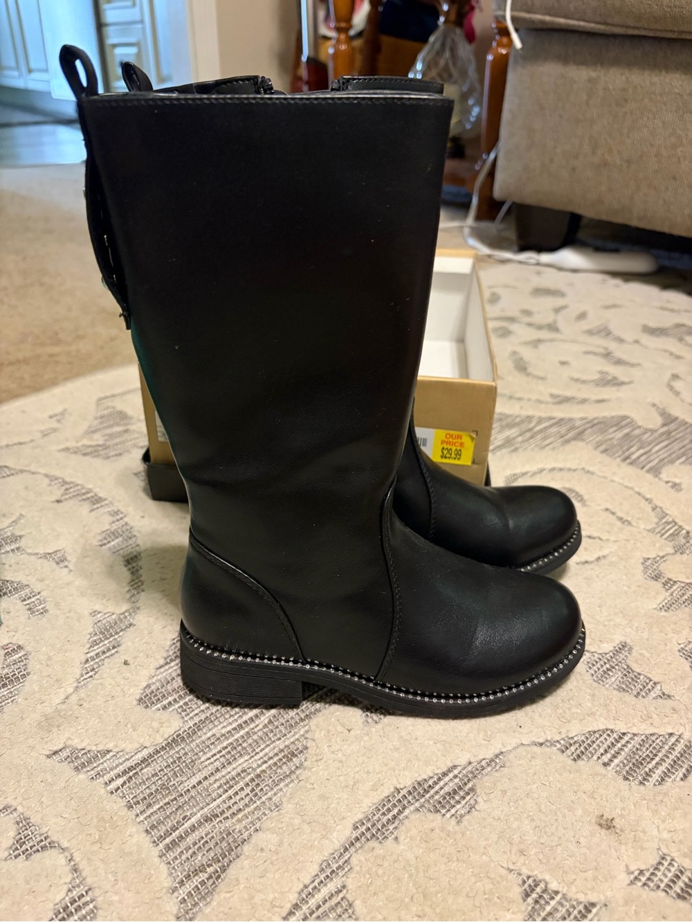 Black Mid-Calf girls Boots with Studded Welt and small heel